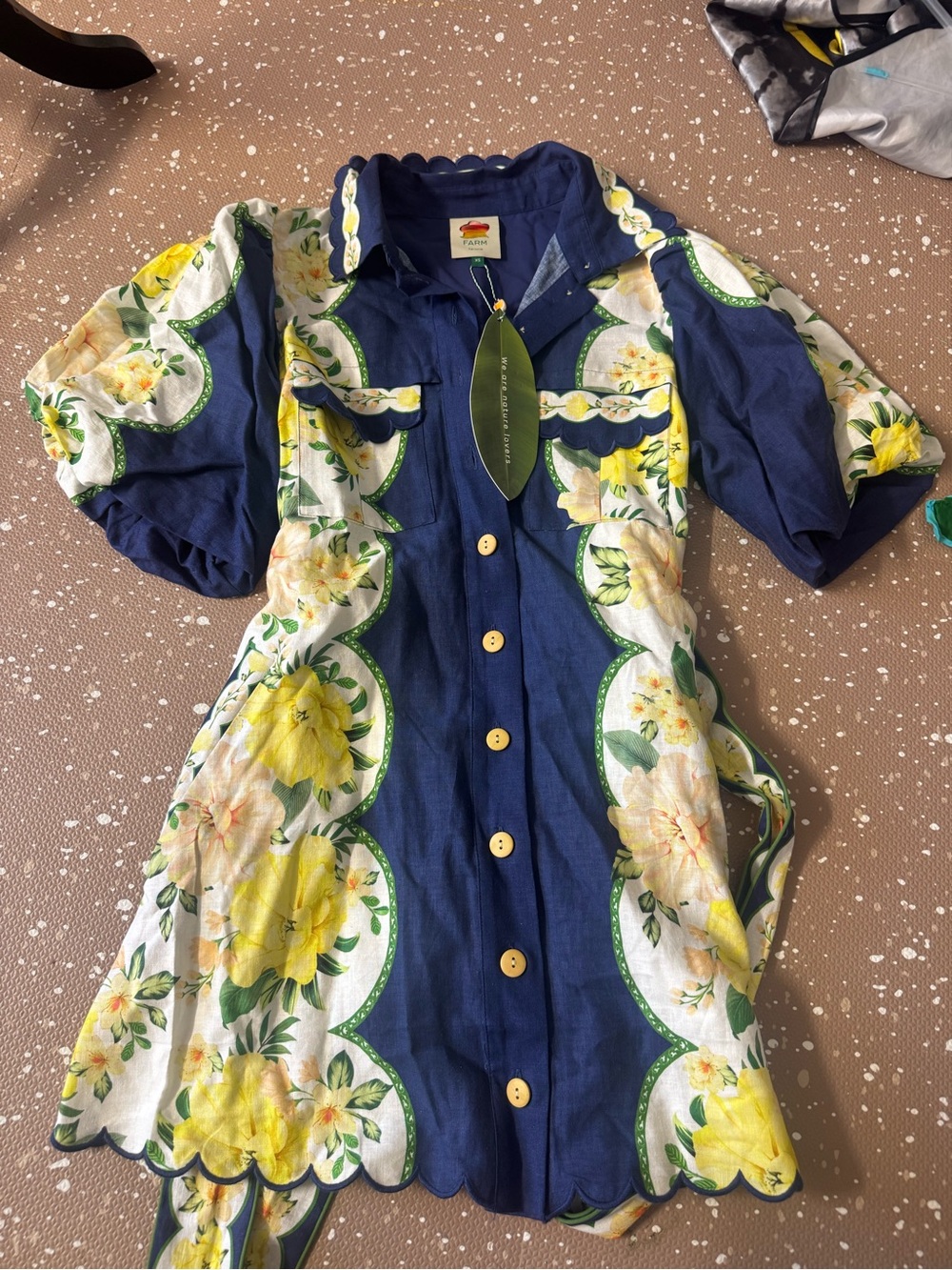 FARM Rio Navy Linen Shirt with Yellow Floral Print - Picture 2 of 2